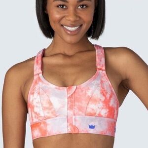 SHEFIT Orange Watermelon Tie Dye Ultimate Sports Bra Periwinkle Blue Logo